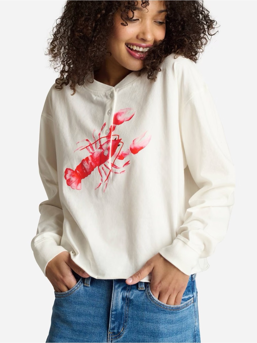 Uncharted Threads Lobster Graphic Henley Top White Size L